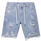 Jeansshorts mit elastischem Bund und Kordelzug für Herren in Übergröße, zerrissene Jeans, Kniejeans